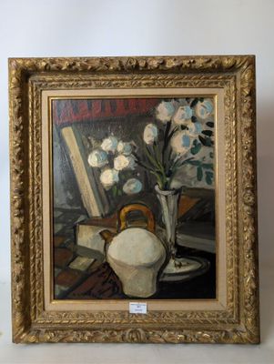 a picture of a painting of a vase of flowers on a table