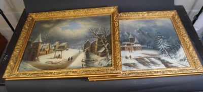 two paintings of a winter scene on a table with a chair