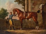 a painting of a man standing next to a horse