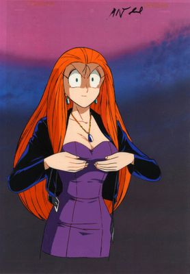 l'image d'une femme vêtue d'une robe violette, aux longs cheveux roux