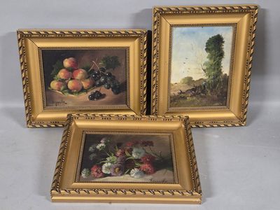 three framed paintings of fruit and flowers on a table