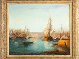 une peinture à l'huile représentant une scène portuaire avec des bateaux dans l'eau