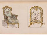 an old book with a drawing of a chair and a chair with a bird on it