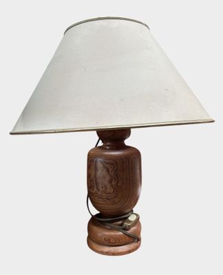 an image of a wooden lamp with a white shade on it