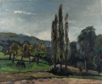 tableau représentant un cheval paissant dans un champ, avec des arbres et des collines en arrière-plan