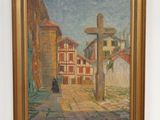 an image of a painting of a street with a cross on it