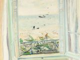 tableau représentant une fenêtre ouverte donnant sur une plage et un chien