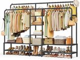 an image of a rack of clothes and shoes