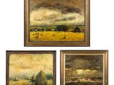 trois tableaux représentant un paysage avec des balles de foin et une grange au loin