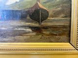 a painting of a boat that is sitting on the water