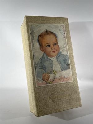 une photo d'un bébé dans une boîte posée sur une table