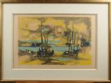 a picture of a painting of boats on the water