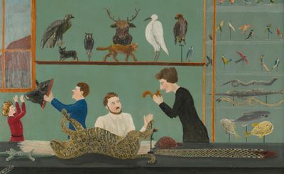 an image of a painting of people in a room with animals and birds