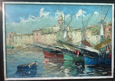 une peinture de bateaux dans un port avec des bâtiments à l'arrière-plan