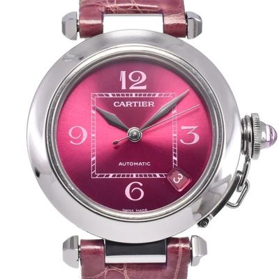 cartier ladies ' s watch with pink dial and leather strap