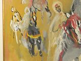 a painting of a man riding a horse with a dog on it
