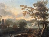 painting of a river scene with two men and a horse by a castle