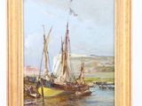 une peinture à l'huile représentant un voilier dans un port, entouré d'autres bateaux