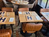 tables and chairs in a restaurant with a view of the water