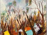 une peinture à l'huile représentant un groupe de personnes assises dans un arbre
