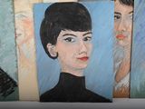 three paintings of a woman in a black dress and a man in a black shirt