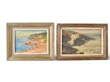 two framed paintings of a beach scene with rocks and water