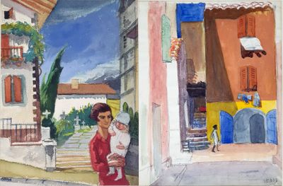 painting of a woman holding a baby in her arms in front of a building
