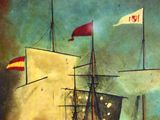 a painting of a ship in the water with flags on it