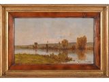 une peinture représentant une scène de rivière avec un bateau dans l'eau