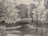 dessin représentant un bateau sur une rivière au milieu d'une zone boisée