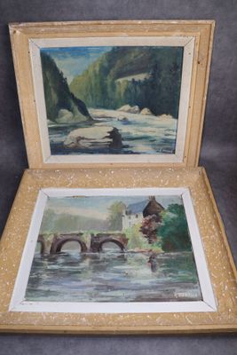 deux tableaux représentant un homme et une femme dans un bateau sur une rivière