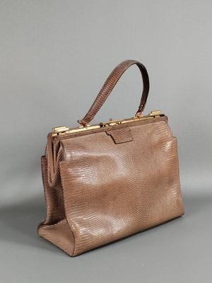 un sac à main en peau de serpent marron avec une poignée dorée