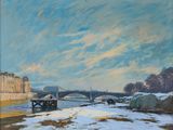 peinture représentant une rivière enneigée avec un pont en arrière-plan
