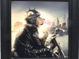 tableau représentant un homme à moto avec un chat dans la bouche