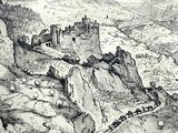 an old drawing of a castle on a hill with a mountain in the background