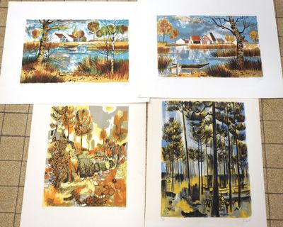 four prints of paintings of trees and a lake on a tile floor