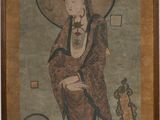 an oriental painting of a woman with a hat and a bird in her hand