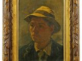 an oil painting of a man wearing a hat and a green jacket