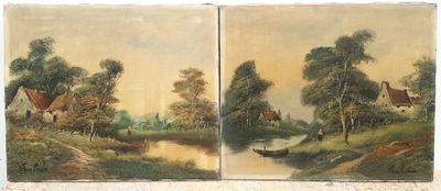 tableau représentant deux tableaux : l'un représentant une rivière et l'autre un village avec un bateau