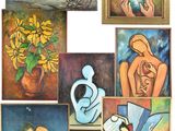 tableau faisant partie d'une série représentant une femme avec un vase de tournesols