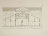 an old drawing of a church with a clock on the front of it