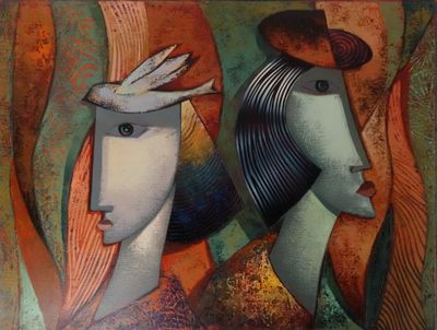 tableau représentant une femme et un homme avec un oiseau sur la tête