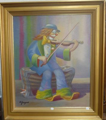 tableau représentant un clown jouant du violon dans une pièce