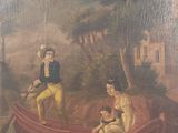 tableau représentant une famille dans un bateau sur un lac, avec des cygnes et des canards