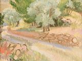 une peinture d'un chemin de terre avec des arbres en arrière-plan