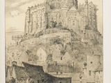 dessin représentant un château au sommet d'une colline, avec un cheval tiré par un homme