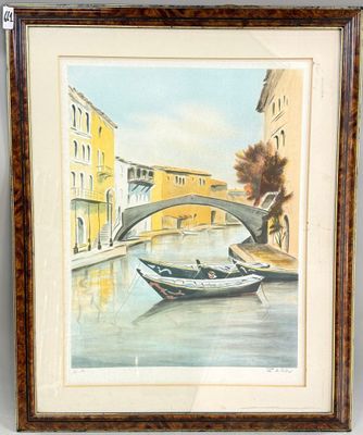 painting of a bridge over a canal with two boats in it