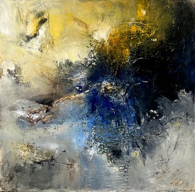 une peinture abstraite représentant un vase bleu rempli de fleurs posé sur une table