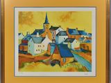 an image of a painting of a village with a church in the background