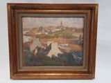an oil painting of a village with a church in the background